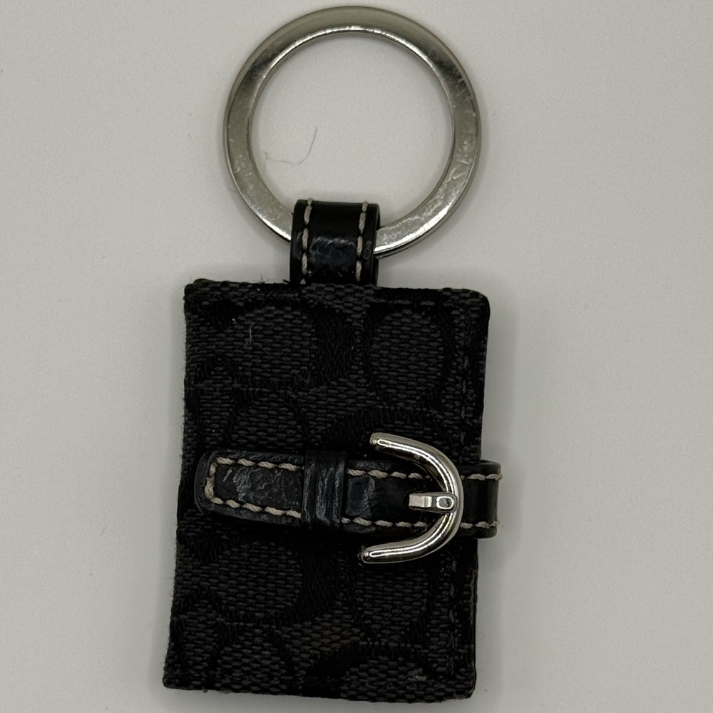 Coach Black Signature Jacquard Keychain Wallet with Silver Buckle